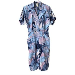 Vintage 80s Abstract Floral Beach Print Button Down Dress Women’s 7/8 Blue